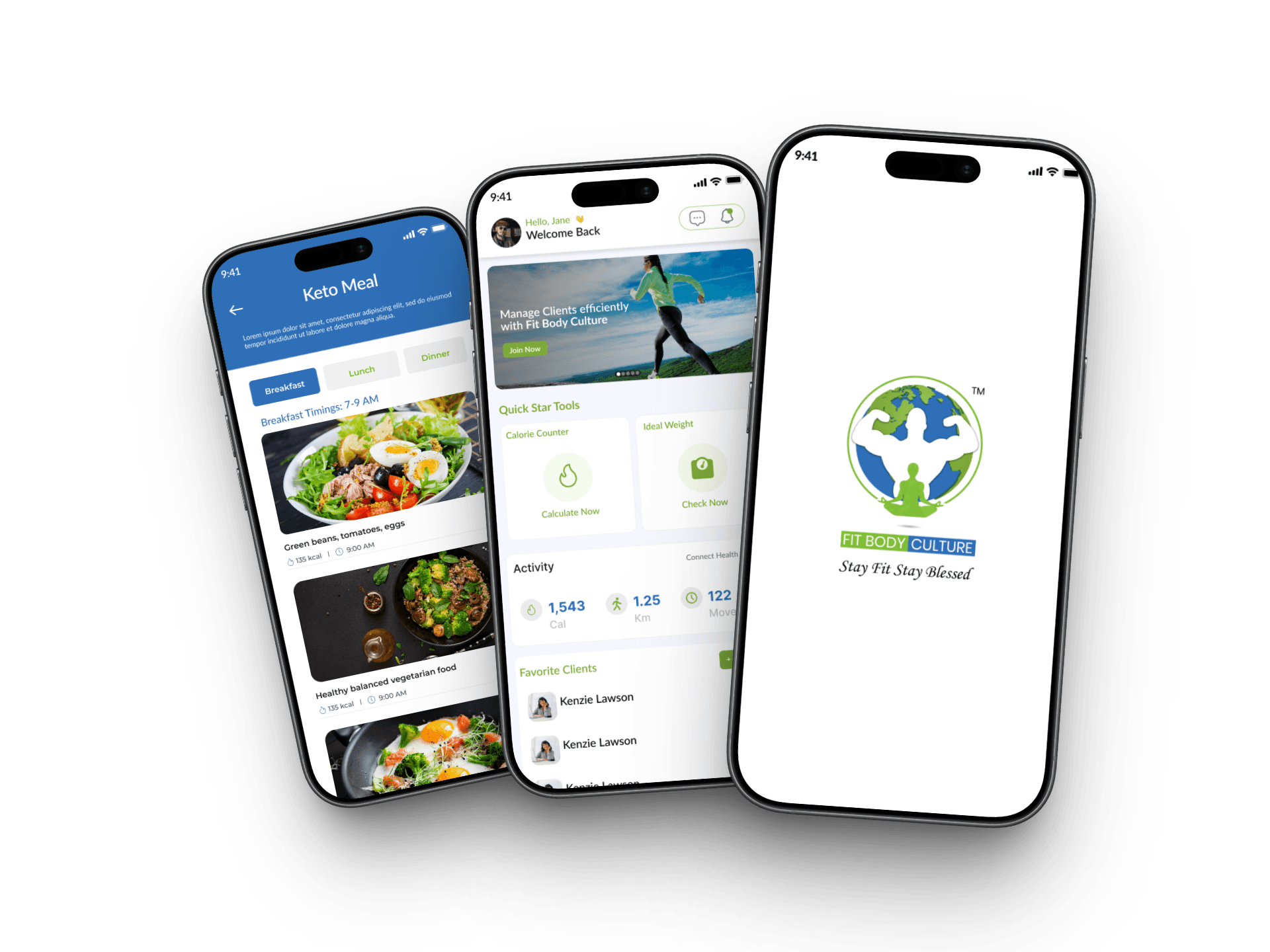 FBC Academy app on three phones — home, meals, and branding